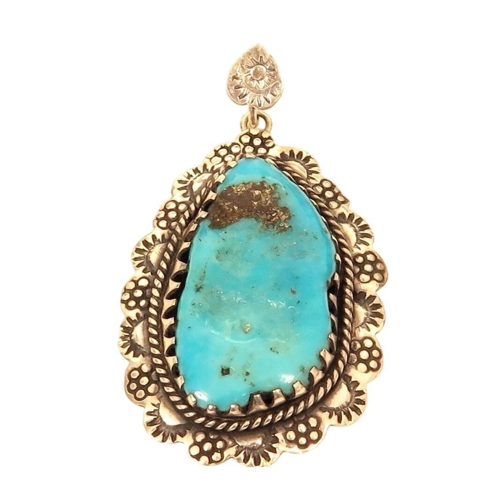 Stunning Large Southwestern Turquoise Gem Sterling Silver 925 Necklace Pendant - Picture 2 of 6